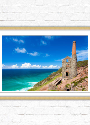 Cornish tin mine Framed picture print with a choice of frame colours. Beach seascape