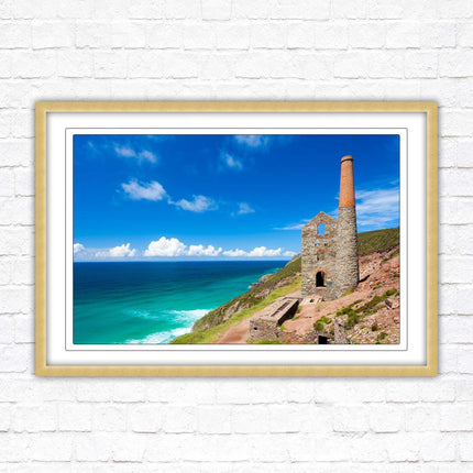 Cornish tin mine Framed picture print with a choice of frame colours. Beach seascape
