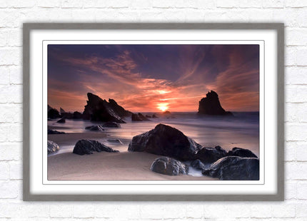 Sunset picture. Adraga beach, Portugal. Framed picture print with a choice of frame colours. Beautiful evening sunset.