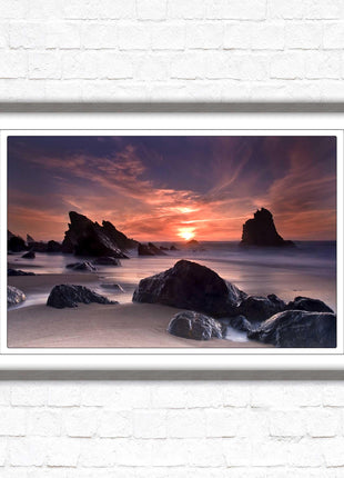 Sunset picture. Adraga beach, Portugal. Framed picture print with a choice of frame colours. Beautiful evening sunset.