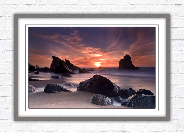 Sunset picture. Adraga beach, Portugal. Framed picture print with a choice of frame colours. Beautiful evening sunset.