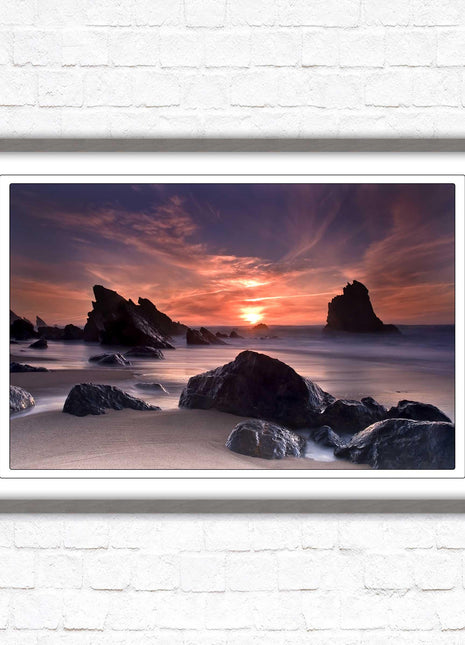 Sunset picture. Adraga beach, Portugal. Framed picture print with a choice of frame colours. Beautiful evening sunset.