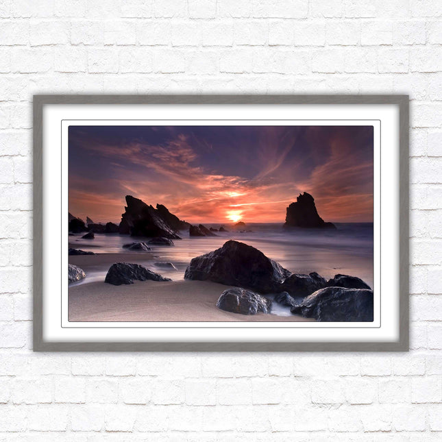 Sunset picture. Adraga beach, Portugal. Framed picture print with a choice of frame colours. Beautiful evening sunset.