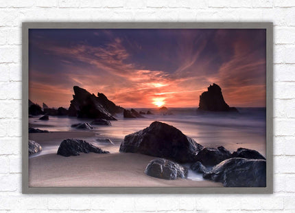 Sunset picture. Adraga beach, Portugal. Framed picture print with a choice of frame colours. Beautiful evening sunset.