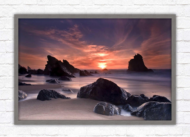 Sunset picture. Adraga beach, Portugal. Framed picture print with a choice of frame colours. Beautiful evening sunset.