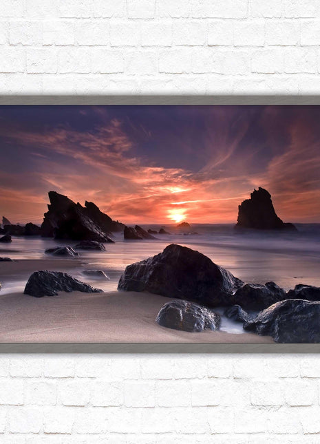 Sunset picture. Adraga beach, Portugal. Framed picture print with a choice of frame colours. Beautiful evening sunset.
