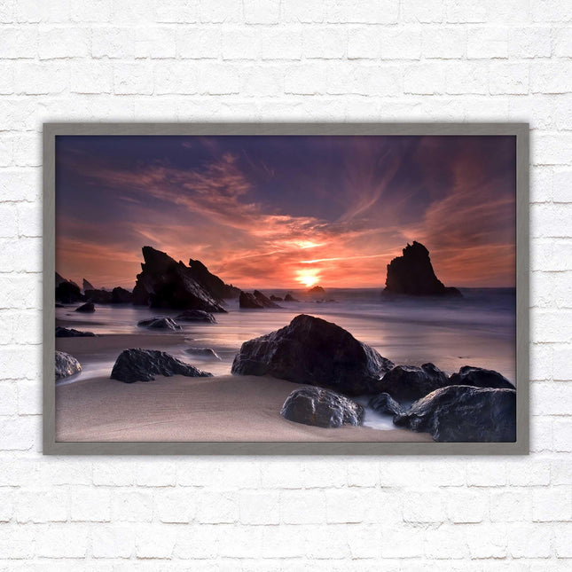 Sunset picture. Adraga beach, Portugal. Framed picture print with a choice of frame colours. Beautiful evening sunset.