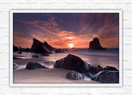 Sunset picture. Adraga beach, Portugal. Framed picture print with a choice of frame colours. Beautiful evening sunset.