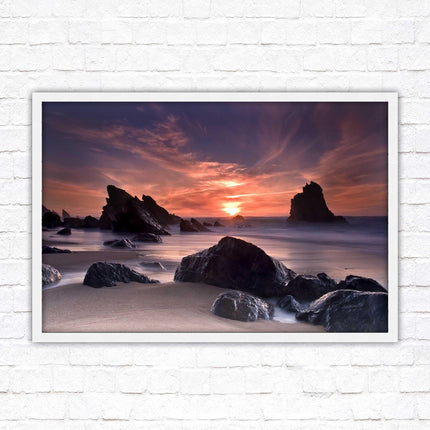 Sunset picture. Adraga beach, Portugal. Framed picture print with a choice of frame colours. Beautiful evening sunset.