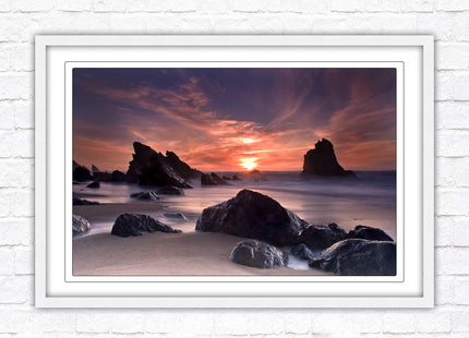 Sunset picture. Adraga beach, Portugal. Framed picture print with a choice of frame colours. Beautiful evening sunset.