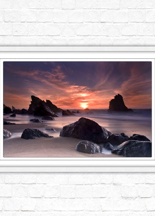 Sunset picture. Adraga beach, Portugal. Framed picture print with a choice of frame colours. Beautiful evening sunset.
