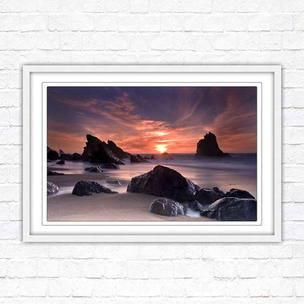 Sunset picture. Adraga beach, Portugal. Framed picture print with a choice of frame colours. Beautiful evening sunset.