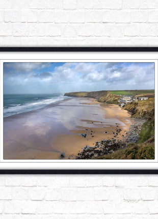 Watergate Bay on a winters day. Cornwall. Framed picture print with choice of frame colours