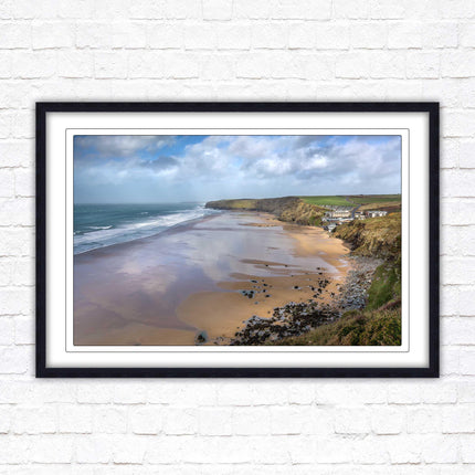 Watergate Bay on a winters day. Cornwall. Framed picture print with choice of frame colours