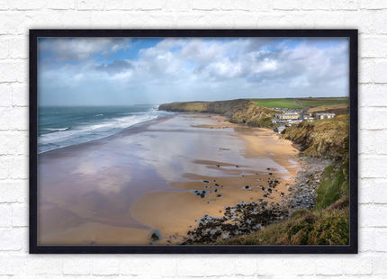 Watergate Bay on a winters day. Cornwall. Framed picture print with choice of frame colours