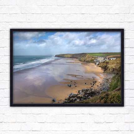 Watergate Bay on a winters day. Cornwall. Framed picture print with choice of frame colours