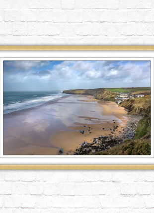 Watergate Bay on a winters day. Cornwall. Framed picture print with choice of frame colours