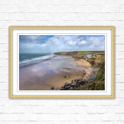 Watergate Bay on a winters day. Cornwall. Framed picture print with choice of frame colours