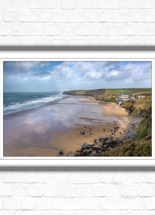 Watergate Bay on a winters day. Cornwall. Framed picture print with choice of frame colours
