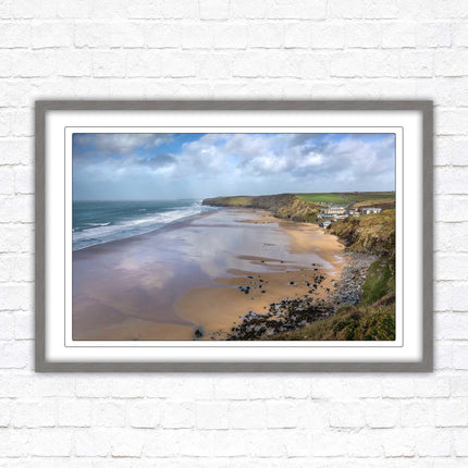 Watergate Bay on a winters day. Cornwall. Framed picture print with choice of frame colours