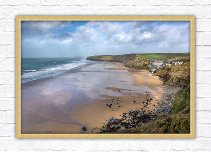 Watergate Bay on a winters day. Cornwall. Framed picture print with choice of frame colours