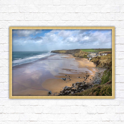 Watergate Bay on a winters day. Cornwall. Framed picture print with choice of frame colours