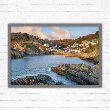 Polperro Harbour in early morning light, Cornwall. Framed picture print with choice of frame colours