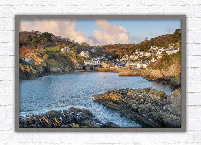 Polperro Harbour in early morning light, Cornwall. Framed picture print with choice of frame colours