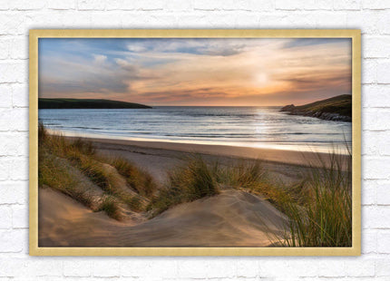 Crantock Beach. Sunlight over the sand dunes, North Cornwall coast. Framed picture print with choice of frame colours