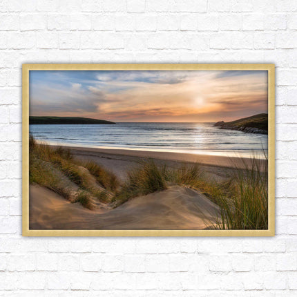 Crantock Beach. Sunlight over the sand dunes, North Cornwall coast. Framed picture print with choice of frame colours