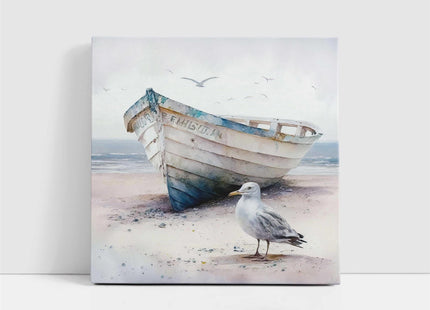 coastal art work framed canvas picture print fishing boat seagul painting set