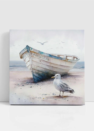 coastal art work framed canvas picture print fishing boat seagul painting set