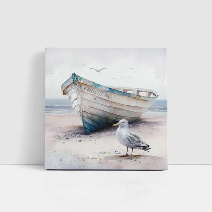 coastal art work framed canvas picture print fishing boat seagul painting set