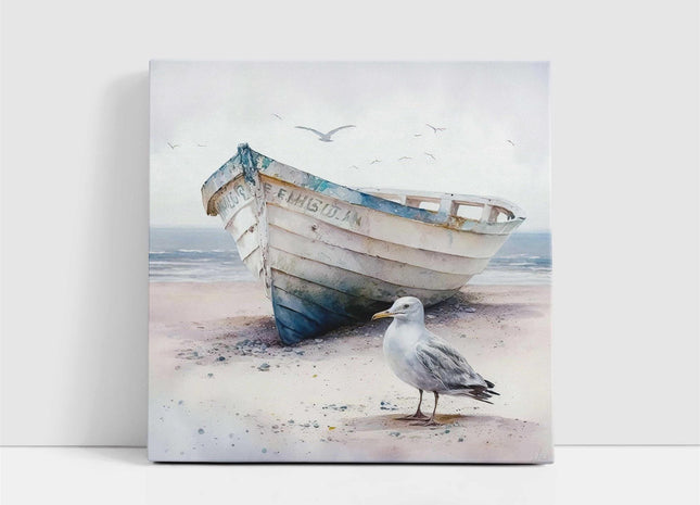 coastal art work framed canvas picture print fishing boat seagul painting set