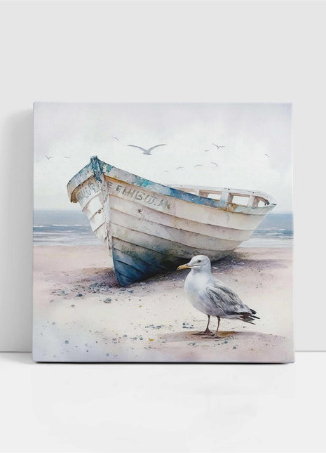 coastal art work framed canvas picture print fishing boat seagul painting set