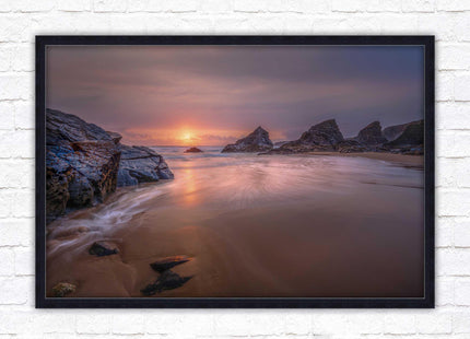 Sunset at Bedruthen steps. Cornwall coast. Framed picture print with choice of frame colours