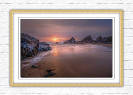 Sunset at Bedruthen steps. Cornwall coast. Framed picture print with choice of frame colours