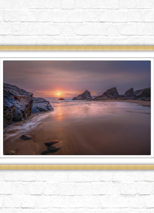 Sunset at Bedruthen steps. Cornwall coast. Framed picture print with choice of frame colours