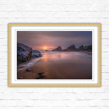 Sunset at Bedruthen steps. Cornwall coast. Framed picture print with choice of frame colours