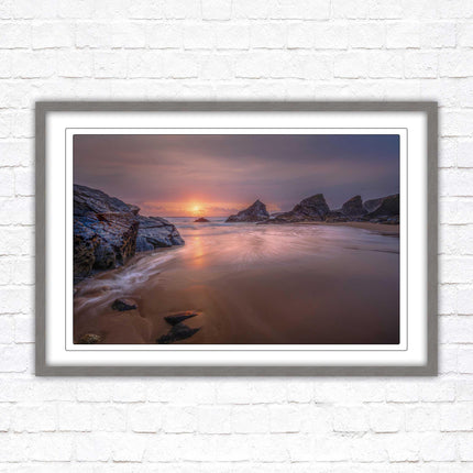 Sunset at Bedruthen steps. Cornwall coast. Framed picture print with choice of frame colours