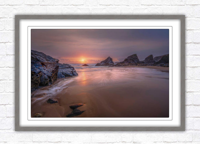 Sunset at Bedruthen steps. Cornwall coast. Framed picture print with choice of frame colours