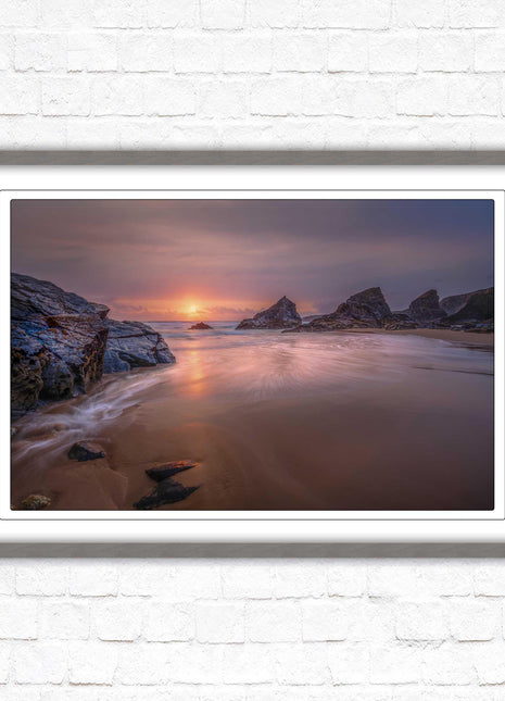 Sunset at Bedruthen steps. Cornwall coast. Framed picture print with choice of frame colours