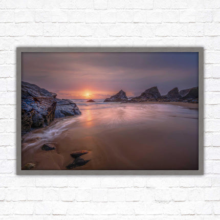 Sunset at Bedruthen steps. Cornwall coast. Framed picture print with choice of frame colours