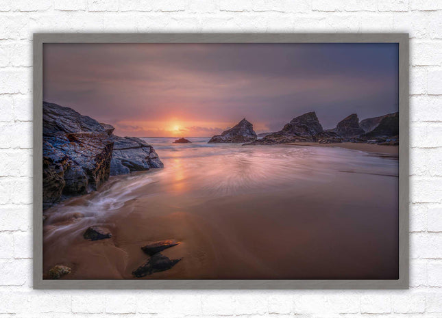 Sunset at Bedruthen steps. Cornwall coast. Framed picture print with choice of frame colours