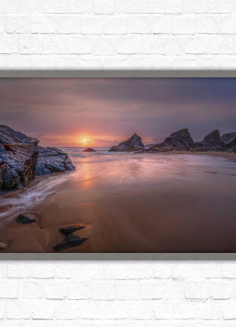 Sunset at Bedruthen steps. Cornwall coast. Framed picture print with choice of frame colours