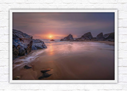 Sunset at Bedruthen steps. Cornwall coast. Framed picture print with choice of frame colours