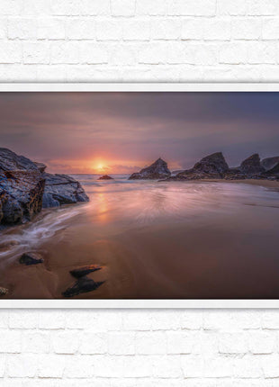 Sunset at Bedruthen steps. Cornwall coast. Framed picture print with choice of frame colours