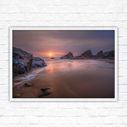 Sunset at Bedruthen steps. Cornwall coast. Framed picture print with choice of frame colours