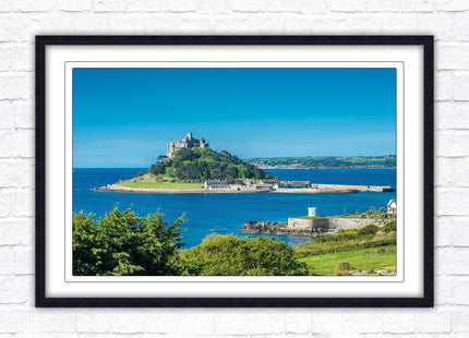 St Michael's Mount. Cornwall. Framed picture print with a choice of frame colours. Beach seascape, tourist destination.