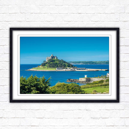 St Michael's Mount. Cornwall. Framed picture print with a choice of frame colours. Beach seascape, tourist destination.